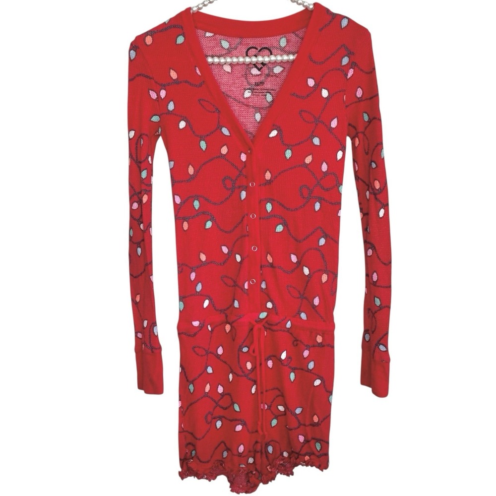 Live Love Dream Christmas Romper XS Red Holiday Y2k Waffle Knit Henley Cozy Soft